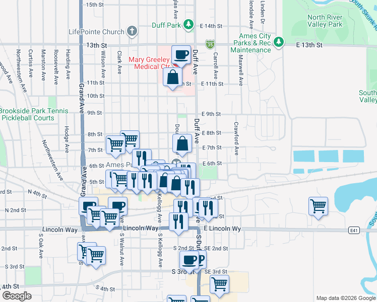 map of restaurants, bars, coffee shops, grocery stores, and more near 703 Duff Avenue in Ames
