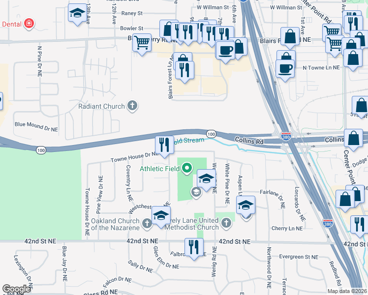 map of restaurants, bars, coffee shops, grocery stores, and more near Collins Road in Cedar Rapids