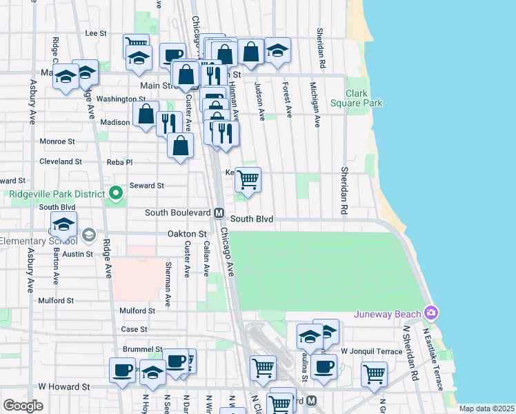 map of restaurants, bars, coffee shops, grocery stores, and more near 551 Hinman Avenue in Evanston