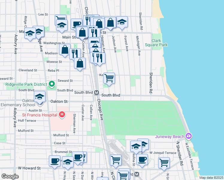 map of restaurants, bars, coffee shops, grocery stores, and more near 551 Hinman Avenue in Evanston