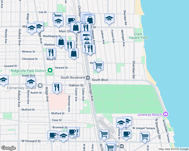 map of restaurants, bars, coffee shops, grocery stores, and more near 527D Chicago Avenue in Evanston