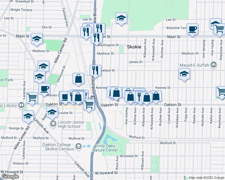 map of restaurants, bars, coffee shops, grocery stores, and more near 8114 Knox Avenue in Skokie
