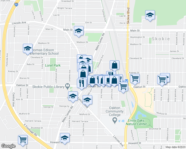 map of restaurants, bars, coffee shops, grocery stores, and more near 8066 Elmwood Avenue in Skokie