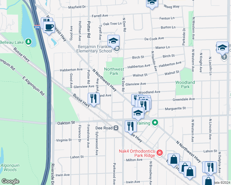map of restaurants, bars, coffee shops, grocery stores, and more near 2323 Glenview Avenue in Park Ridge