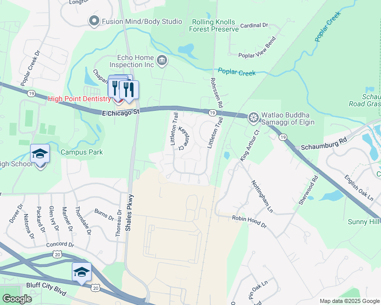map of restaurants, bars, coffee shops, grocery stores, and more near 1501 Keystone Court in Elgin