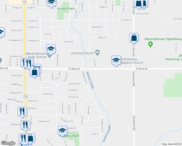 map of restaurants, bars, coffee shops, grocery stores, and more near 607 East Olive Street in Marshalltown