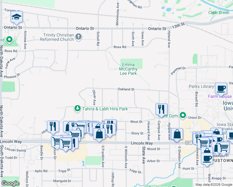 map of restaurants, bars, coffee shops, grocery stores, and more near 3409 Oakland Street in Ames