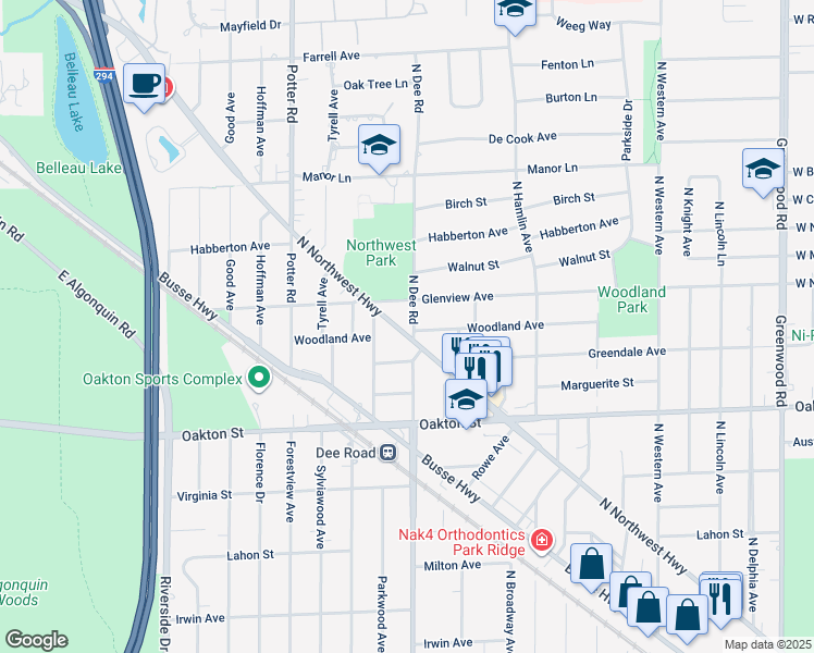 map of restaurants, bars, coffee shops, grocery stores, and more near 1111 North Dee Road in Park Ridge