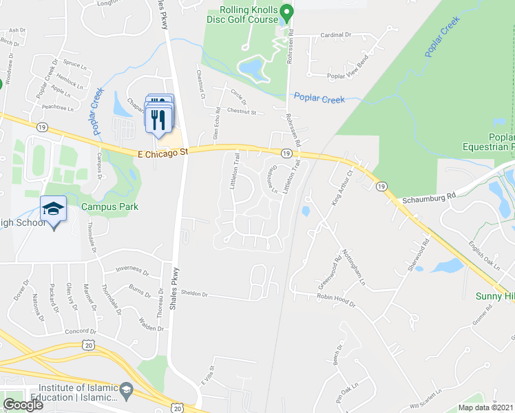 map of restaurants, bars, coffee shops, grocery stores, and more near 1501 Keystone Court in Elgin