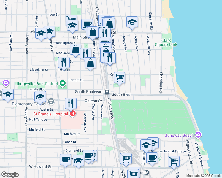 map of restaurants, bars, coffee shops, grocery stores, and more near 521 Chicago Avenue in Evanston