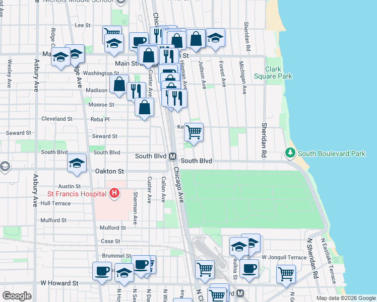 map of restaurants, bars, coffee shops, grocery stores, and more near 534 Hinman Avenue in Evanston