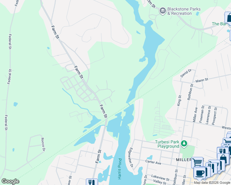 map of restaurants, bars, coffee shops, grocery stores, and more near 84 Fox Run Road in Blackstone