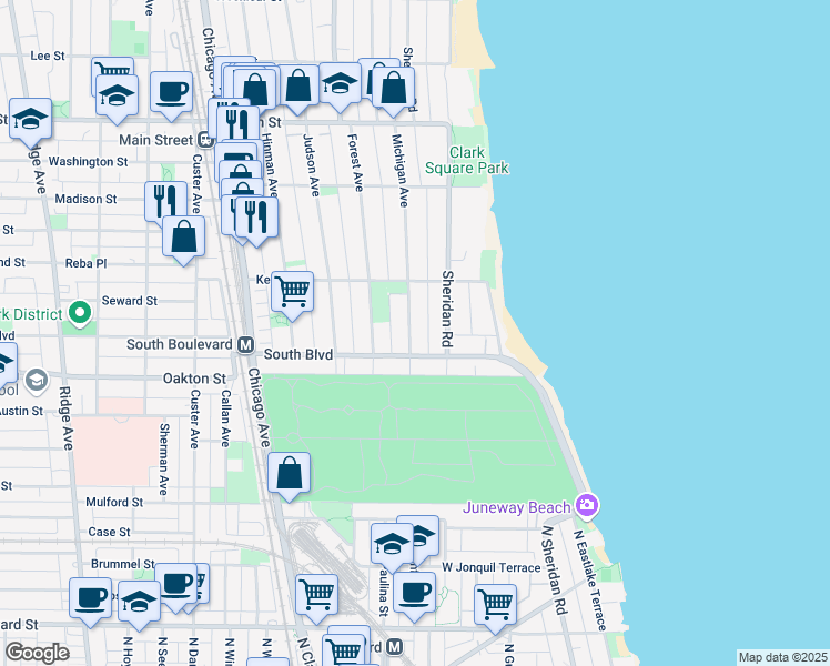 map of restaurants, bars, coffee shops, grocery stores, and more near 555 Michigan Avenue in Evanston