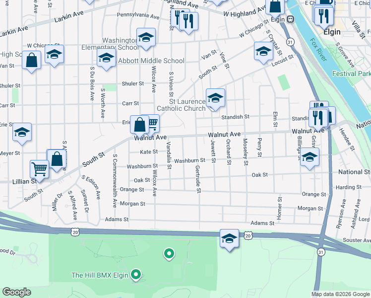 map of restaurants, bars, coffee shops, grocery stores, and more near 655 Walnut Avenue in Elgin