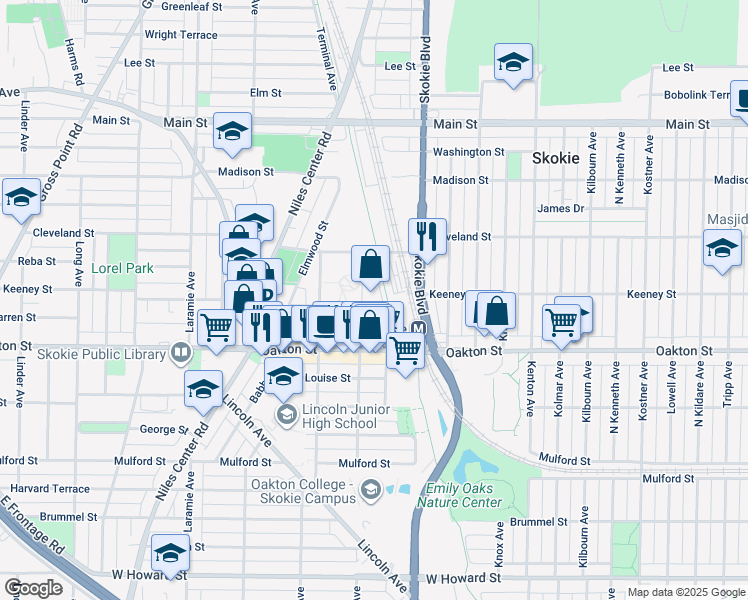 map of restaurants, bars, coffee shops, grocery stores, and more near 8055 Lamon Avenue in Skokie