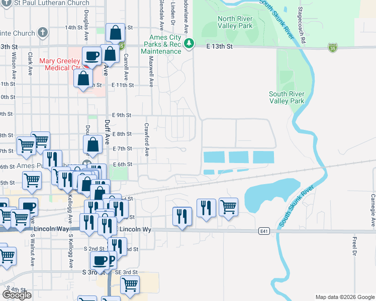 map of restaurants, bars, coffee shops, grocery stores, and more near 450 East 7th Street in Ames
