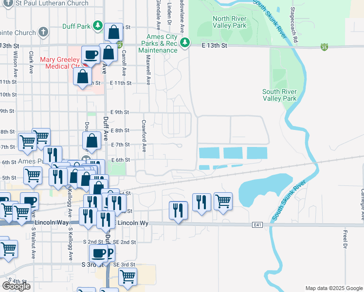 map of restaurants, bars, coffee shops, grocery stores, and more near 450 East 7th Street in Ames