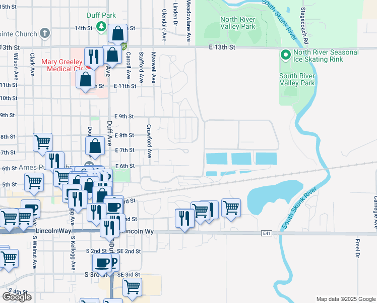 map of restaurants, bars, coffee shops, grocery stores, and more near 450 East 7th Street in Ames
