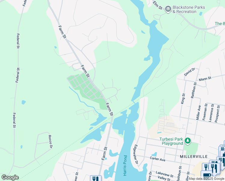 map of restaurants, bars, coffee shops, grocery stores, and more near Fox Run Road in Blackstone