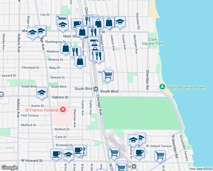 map of restaurants, bars, coffee shops, grocery stores, and more near 551 Hinman Avenue in Evanston