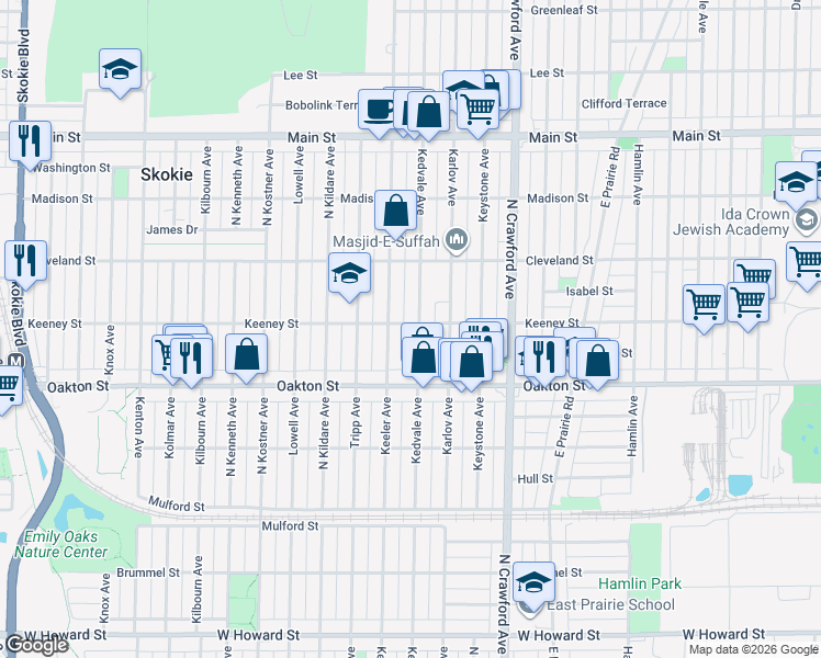 map of restaurants, bars, coffee shops, grocery stores, and more near 8112 Kedvale Avenue in Skokie