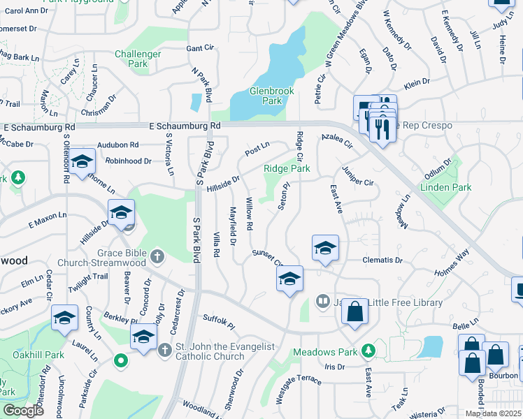 map of restaurants, bars, coffee shops, grocery stores, and more near 126 Seton Court in Streamwood