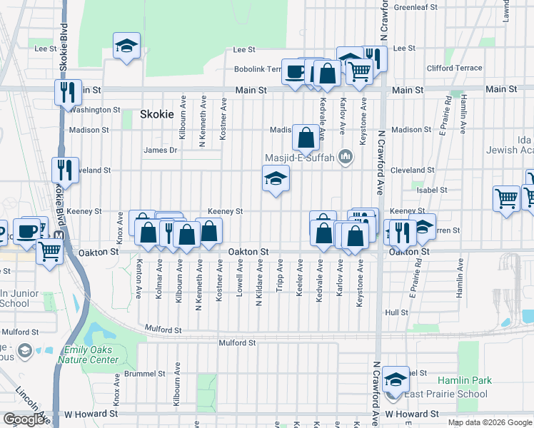 map of restaurants, bars, coffee shops, grocery stores, and more near 8101 North Kildare Avenue in Chicago