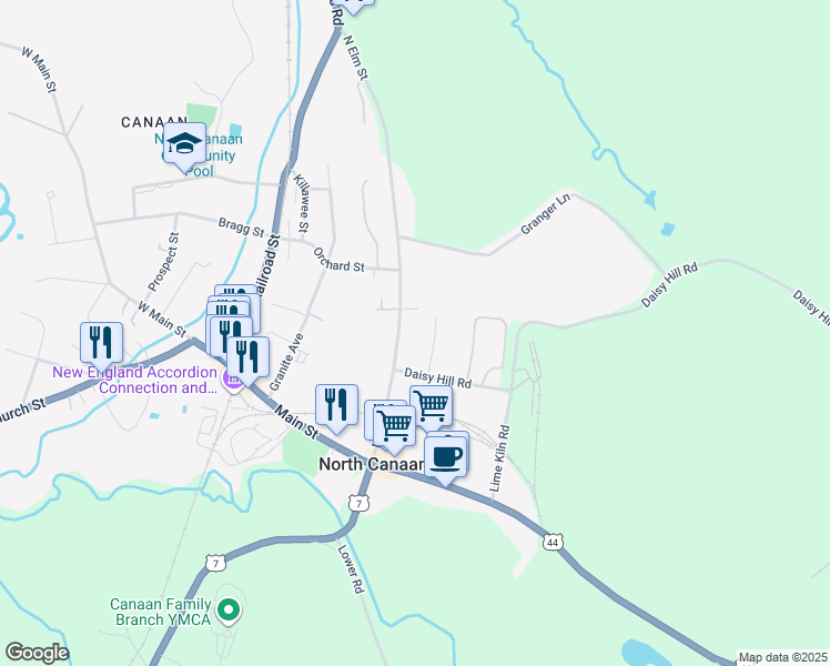 map of restaurants, bars, coffee shops, grocery stores, and more near 111 North Elm Street in Canaan