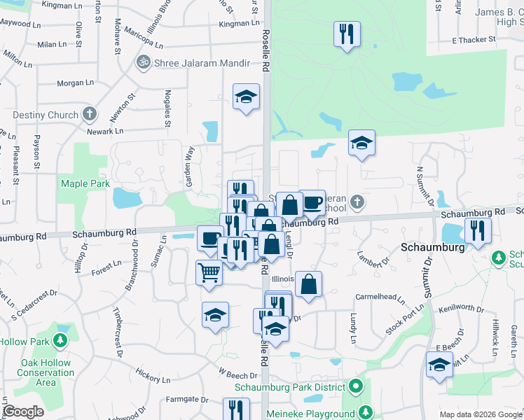 map of restaurants, bars, coffee shops, grocery stores, and more near 18 North Roselle Road in Schaumburg
