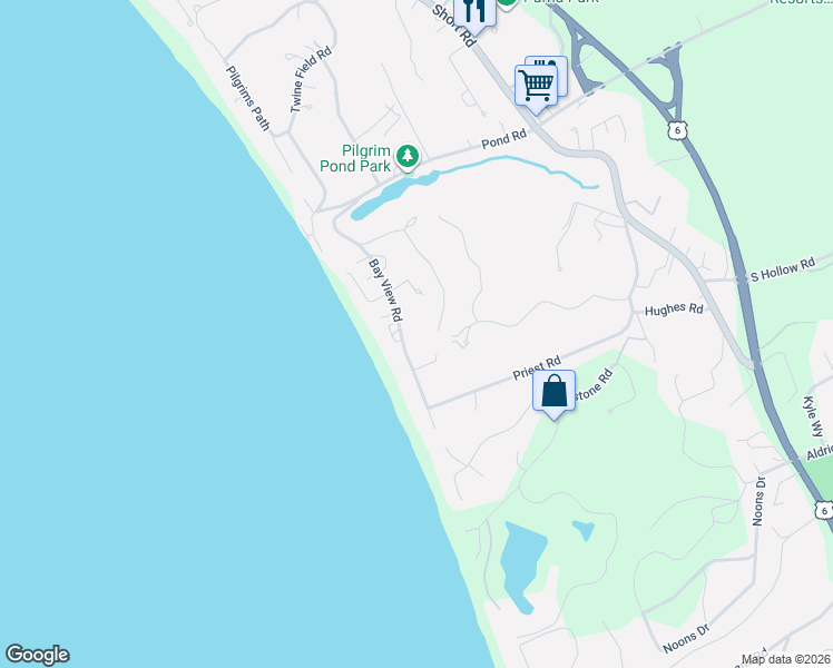 map of restaurants, bars, coffee shops, grocery stores, and more near 20 Bay View Drive in Eastham