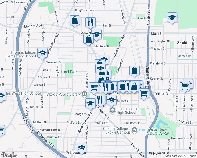 map of restaurants, bars, coffee shops, grocery stores, and more near 8052 Elmwood Street in Skokie
