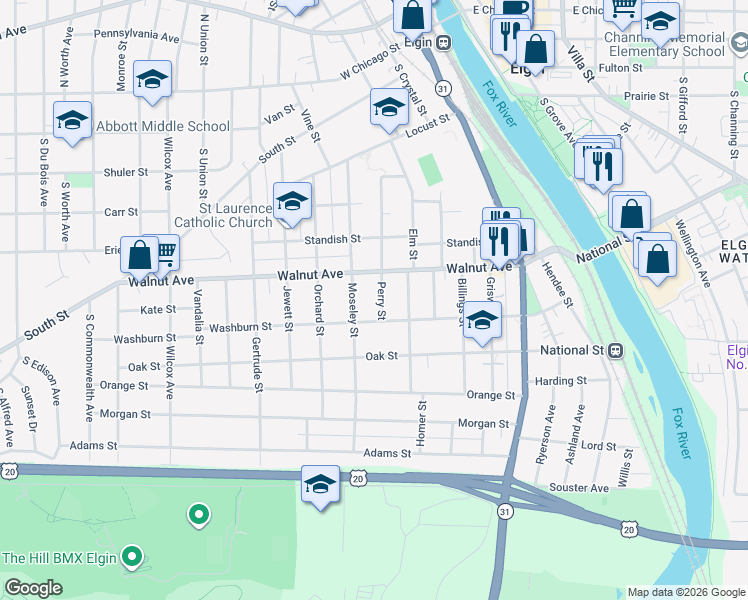 map of restaurants, bars, coffee shops, grocery stores, and more near 326 Perry Street in Elgin