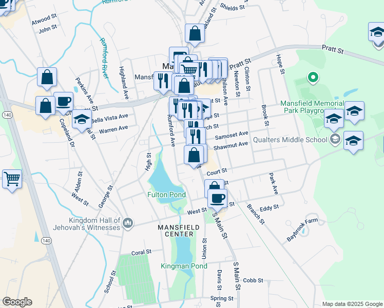 map of restaurants, bars, coffee shops, grocery stores, and more near 12 High Street in Mansfield