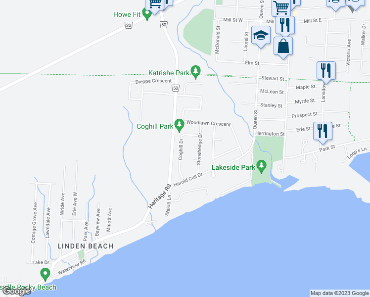 map of restaurants, bars, coffee shops, grocery stores, and more near 233 Coghill Drive in Kingsville