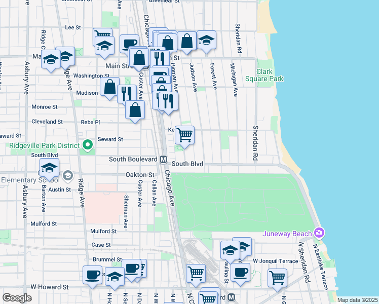 map of restaurants, bars, coffee shops, grocery stores, and more near 551 Hinman Avenue in Evanston