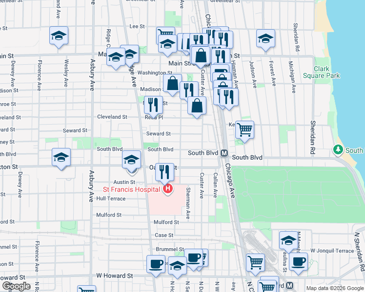 map of restaurants, bars, coffee shops, grocery stores, and more near 552 Sherman Avenue in Evanston