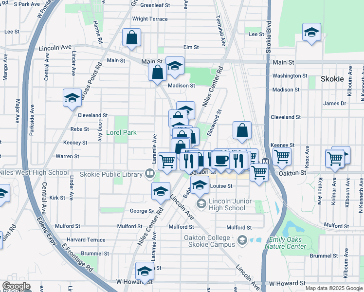 map of restaurants, bars, coffee shops, grocery stores, and more near 8116 Niles Center Road in Skokie