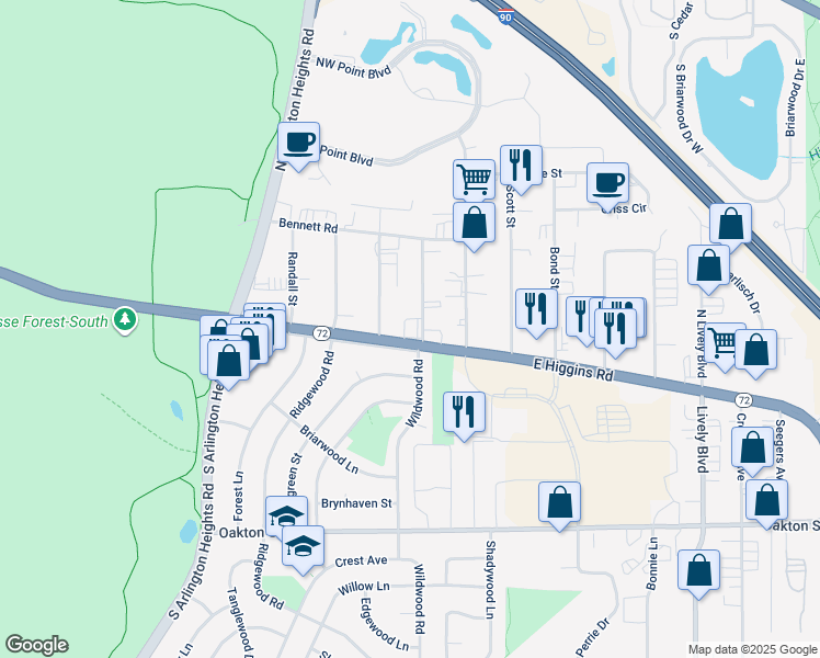 map of restaurants, bars, coffee shops, grocery stores, and more near 45 Gordon Street in Elk Grove Village