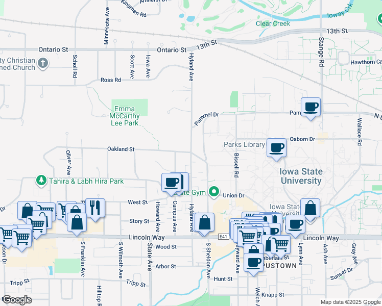 map of restaurants, bars, coffee shops, grocery stores, and more near in Ames