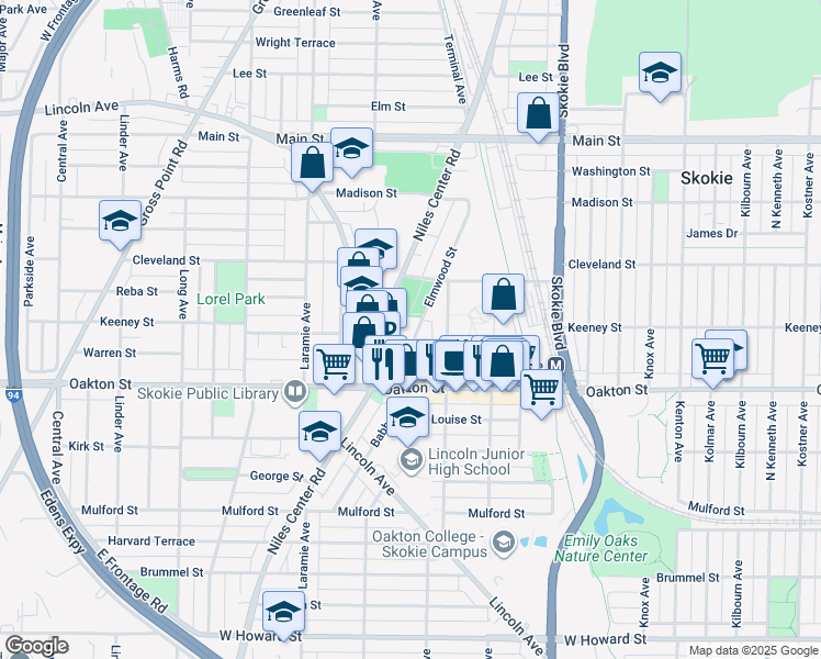 map of restaurants, bars, coffee shops, grocery stores, and more near 8052 Elmwood Street in Skokie