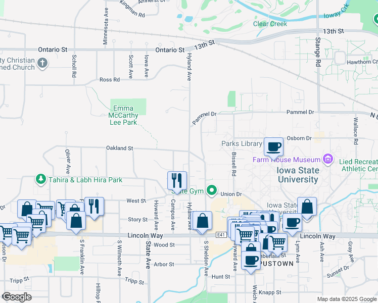 map of restaurants, bars, coffee shops, grocery stores, and more near in Ames