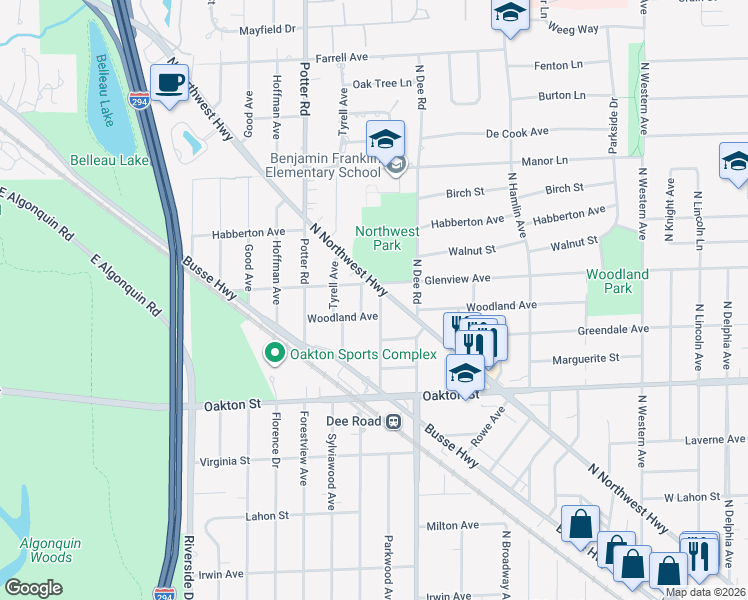 map of restaurants, bars, coffee shops, grocery stores, and more near 2323 Glenview Avenue in Park Ridge