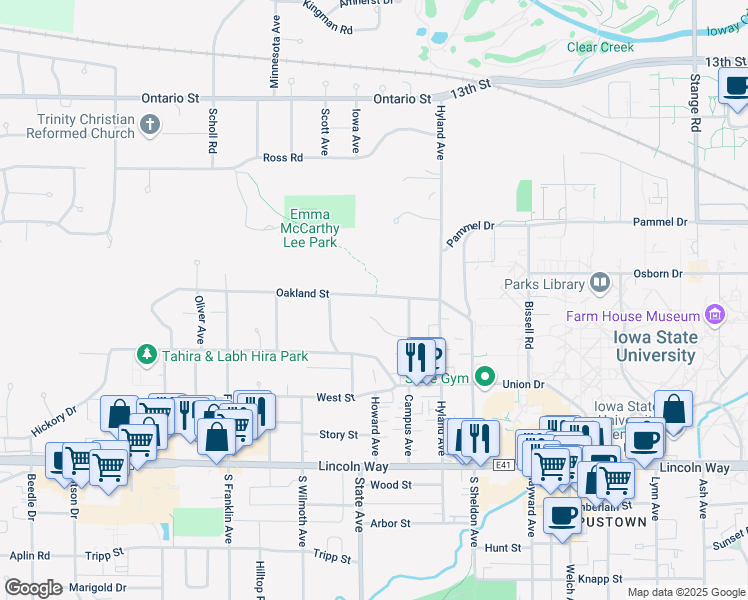 map of restaurants, bars, coffee shops, grocery stores, and more near 3008 Oakland Street in Ames