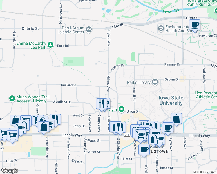 map of restaurants, bars, coffee shops, grocery stores, and more near N Hyland Ave & Sheldon Ave in Ames