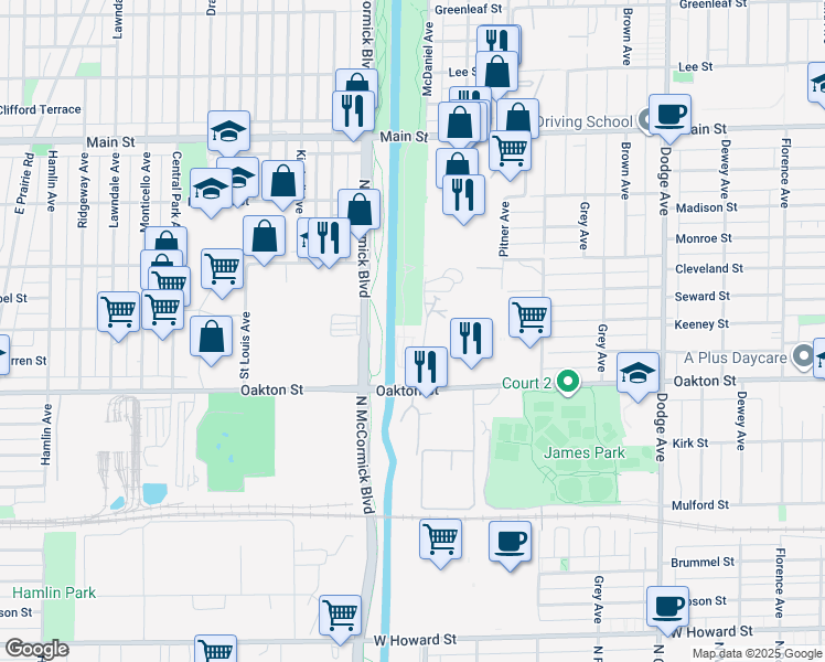 map of restaurants, bars, coffee shops, grocery stores, and more near 3220 Oakton Street in Skokie