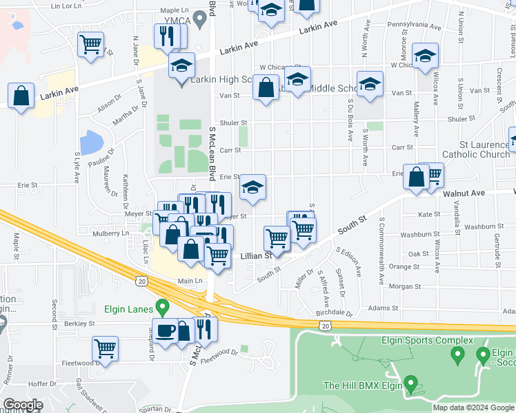 map of restaurants, bars, coffee shops, grocery stores, and more near 231 South Clifton Avenue in Elgin