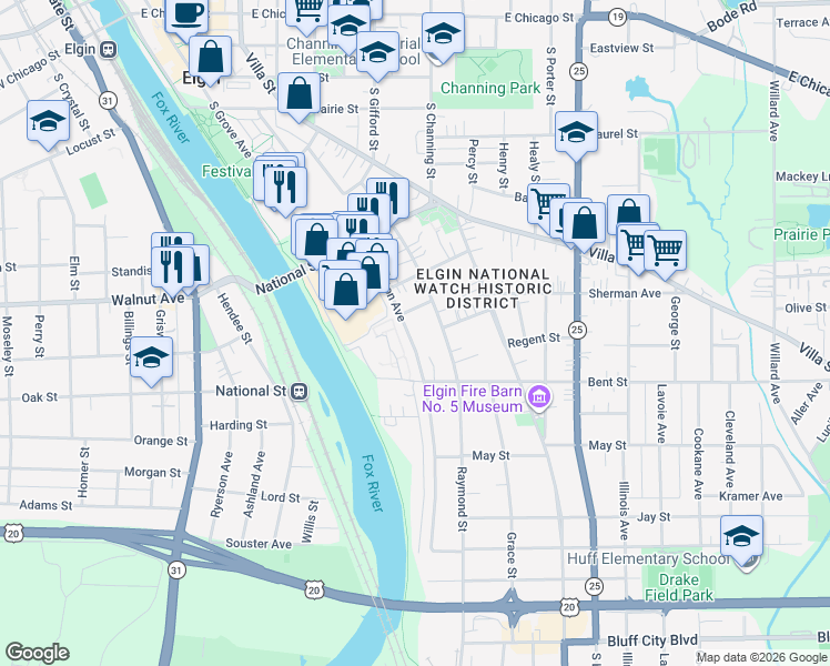 map of restaurants, bars, coffee shops, grocery stores, and more near 251 Bartlett Place in Elgin
