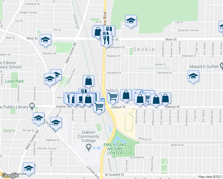 map of restaurants, bars, coffee shops, grocery stores, and more near Keeney St & Keating Ave in Skokie