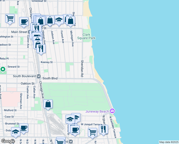map of restaurants, bars, coffee shops, grocery stores, and more near 580 Sheridan Square in Evanston