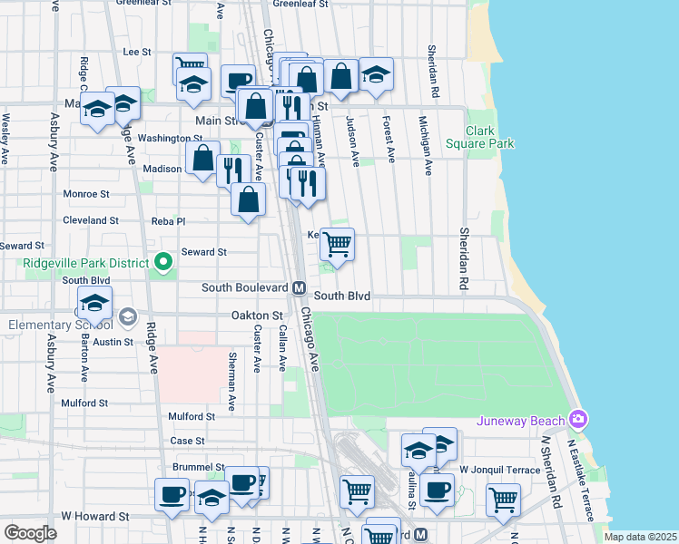 map of restaurants, bars, coffee shops, grocery stores, and more near 551 Hinman Avenue in Evanston